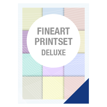 Eine einfache Grafik aus bunten Quadraten mit Variantenangabe, die symbolisch für den Artikel „FineArt Printset Deluxe“ steht.
